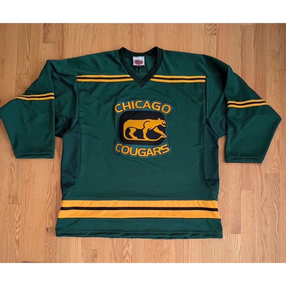 Vintage Chicago Cougars Jersey Mens XL Hockey Retro K1 SPORTSWEAR 90s Green WHA